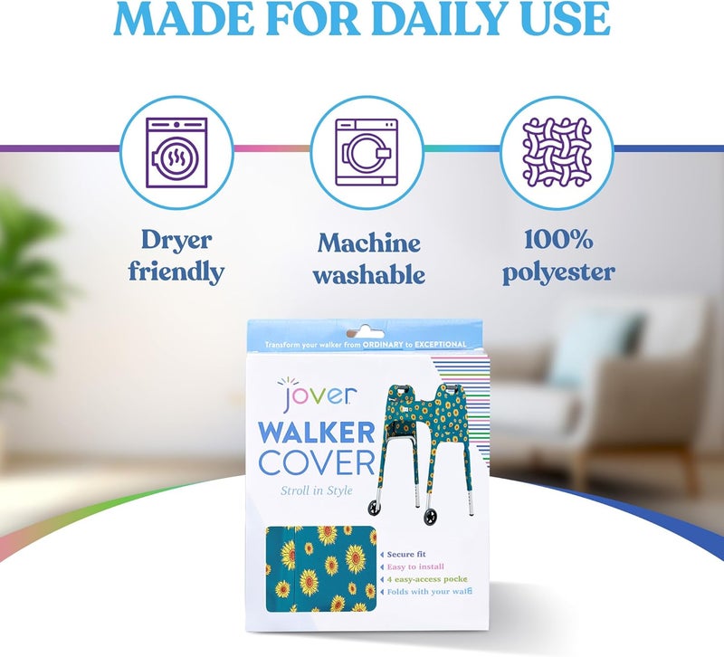 Jover – Walker Covers (Sunflowers) – Colorful Fabric Cover for Standard Folding Walker Mobility Aid with Pockets, Easy Fit Senior Walker Accessories, Washable Polyester, + Matching Storage Bag - Image 5